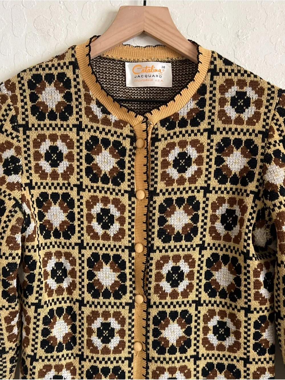Vintage 70s Catalina Jacquard Knit Cardigan Sweater Medium Floral Granny Square